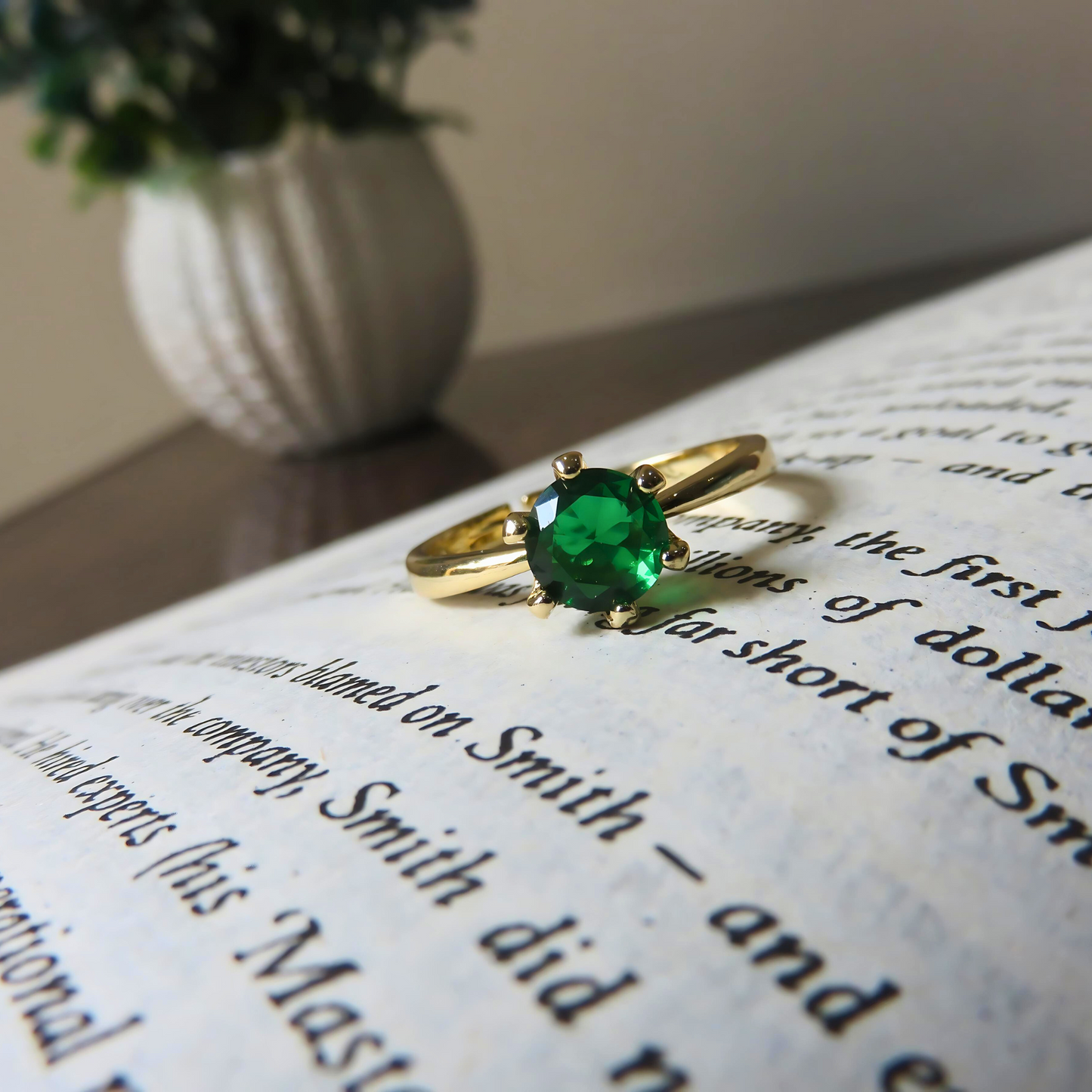 Adjustable Golden Ring with Green Stone