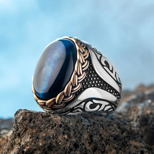 MR-01 Men's Blue Tiger's Eye Ring with Sailor Rope Motif