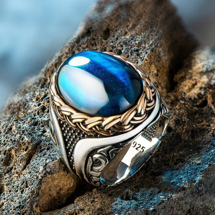 MR-01 Men's Blue Tiger's Eye Ring with Sailor Rope Motif