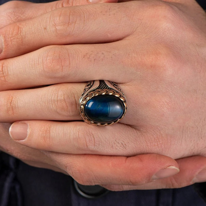 MR-01 Men's Blue Tiger's Eye Ring with Sailor Rope Motif